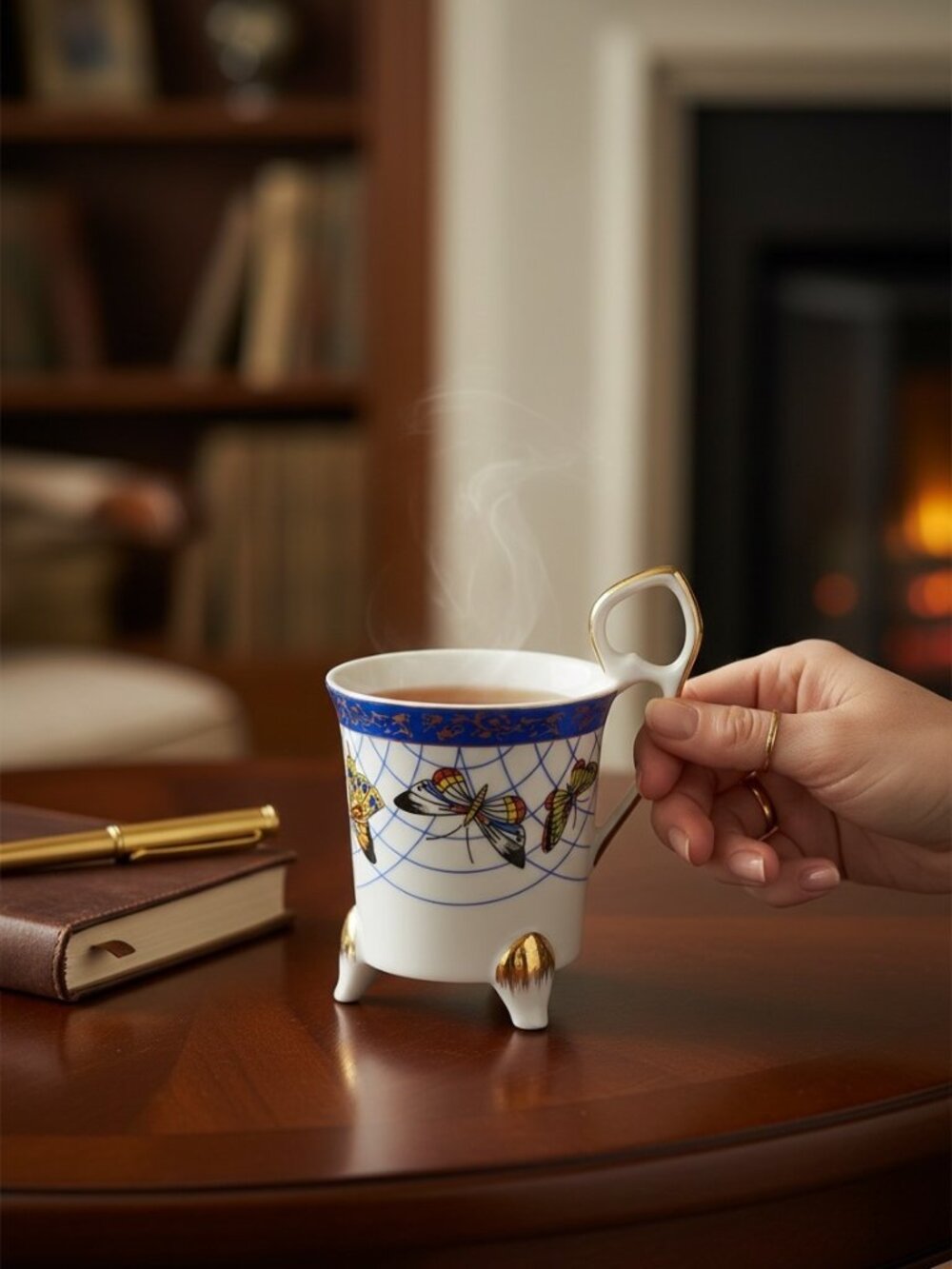 Decorative Porcelain Footed Tea Cup With Gold Accents